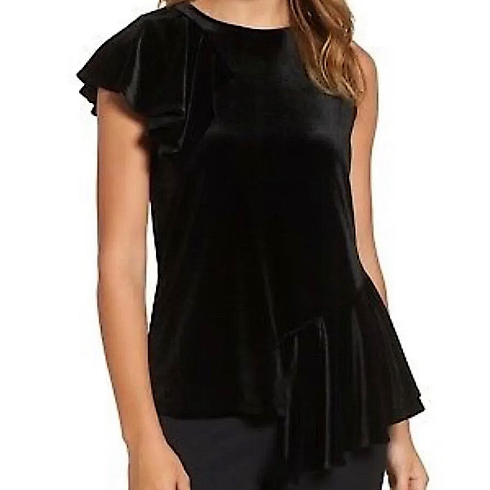 HALOGEN HA376301MI ASYMMETRICAL FLUTTER SLEEVE STRETCH VELVET TOP BLACK XL NWT